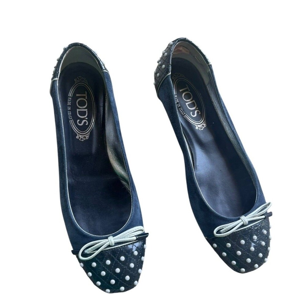 Tod’s Women’s 37.5 US 7.5 Blue Suede Ballet Flats Studded Patent Leather Bow Y2K